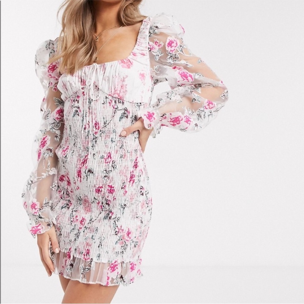 L For Love and Lemons Lovell Burnout Floral Dress puffy sleeves Mini Dress white